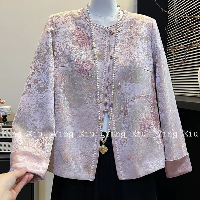 Mother's New Chinese-Style Jacquard Brocade Coat, Spring/Summer 2026 New Model, Heavy Craftsmanship, Round Neck, Elegant and Noble Top