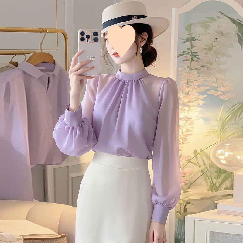 女性のためのフランスの美しい長袖ラベンダートップス2025秋の新しい気質シャツ今年人気のシフォンシャツ|undefined