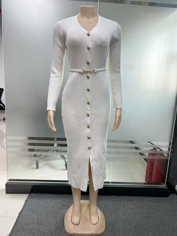 クロスボーダーサプライニットドレスロシアヨーロッパとアメリカの服初秋の新しい長袖シングルブレストセーターロングスカート|undefined