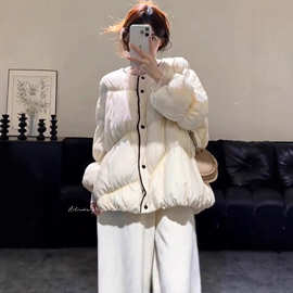 爱依轩 圆领短款棉服女撞色包边单排扣落肩冬季保暖外穿棉衣外套
