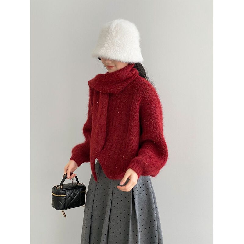 That's Why It's so Shiny~ New Year and Christmas Red Round-Neck Sweater for Women with Scarf, Loose-Fitting and Stylish Knitwear L672 That's Why It's so Shiny~ New Year and Christmas Red Round-Neck Sweater for Women with Scarf, Loose-Fitting and Stylish Knitwear L672