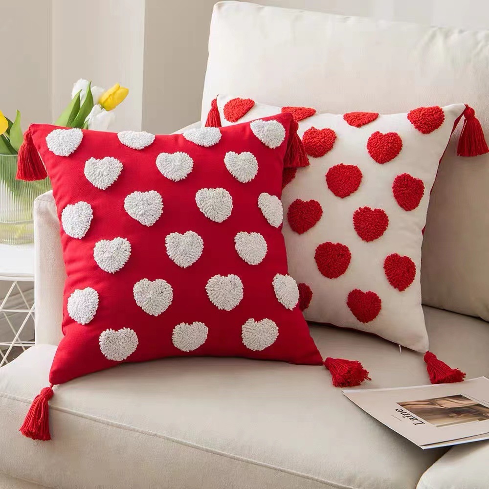 Love Tufted Pillow Wedding Room Decoration New Chinese Sofa Pillow Embroidered Tassel Pillowcase Wholesale