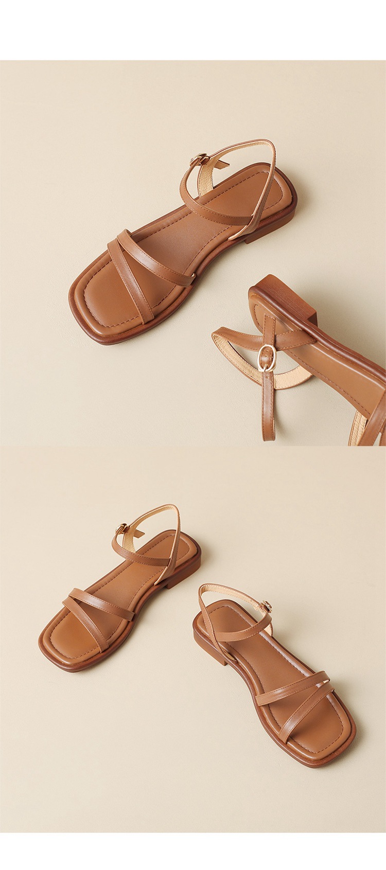 Sandal hở mũi quai ngang da bò gót thấp mũi vuông nữ kiểu mới — Màu nâu chi tiết 13
