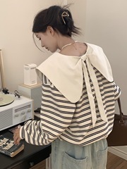 大码polo领条纹卫衣女秋2025新款胖mm宽松短款外套设计感上衣