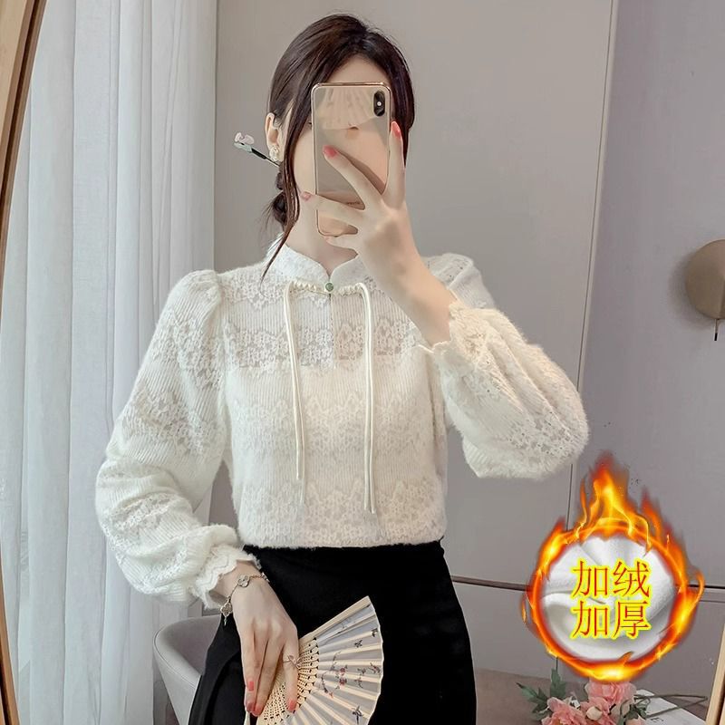 New Chinese Style Retro Button-Up Tops for Women in Autumn and Winter Fleece-Lined Lace Bottoming Shirts, Chic, Beautiful and High-End Chinese Style Shirts