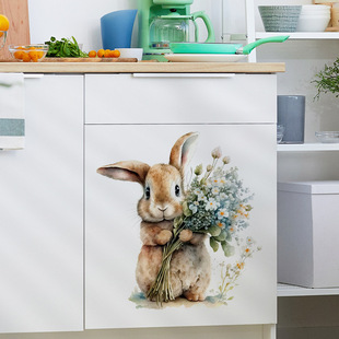 Watercolor Rabbit Toilet Seat Decorative Stickers Bathroom Glass Wall Decoration Beautification Stickers Toilet Flowers Cross-Border Stickers