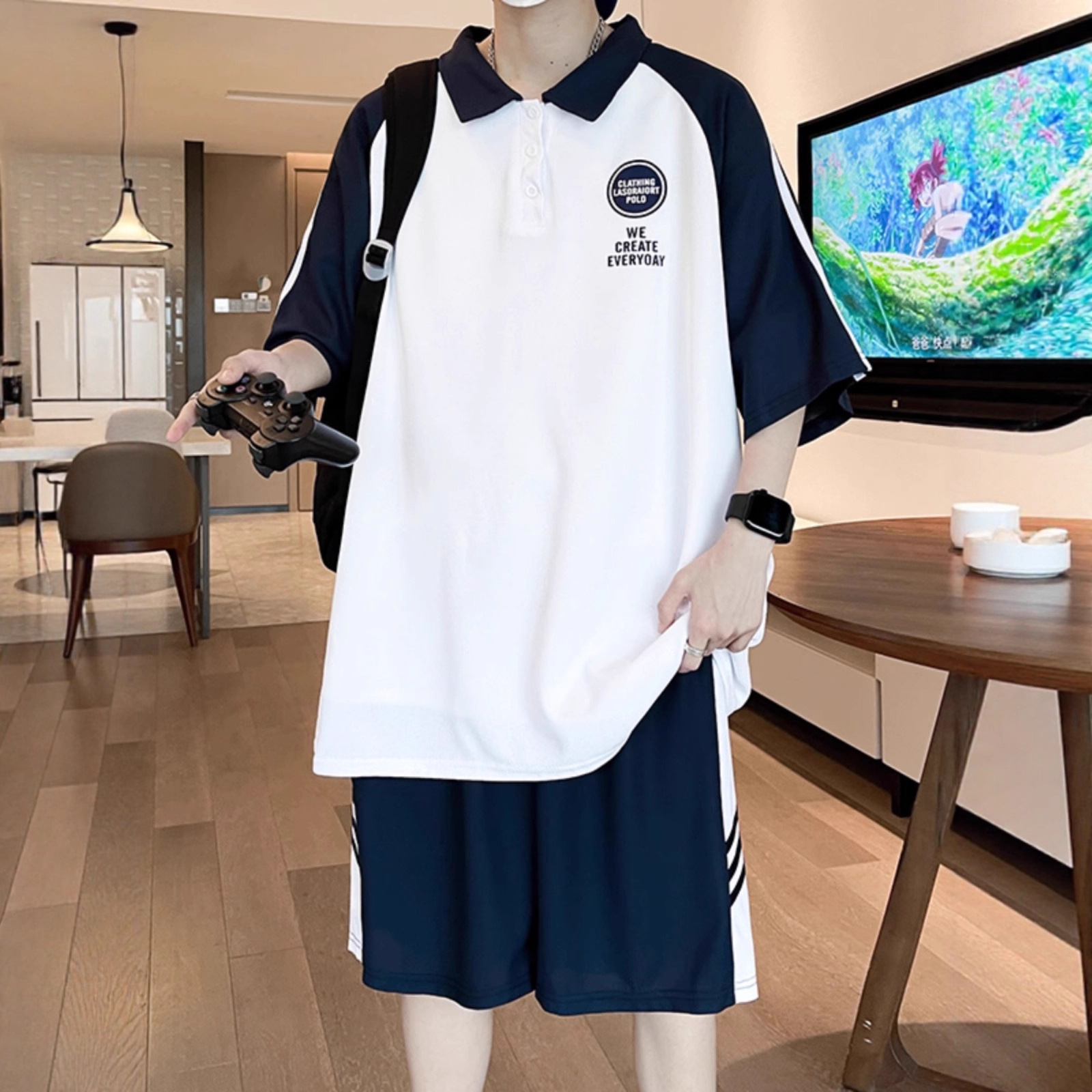 夏季新款运动休闲套装POLO衫短袖T恤男装潮流宽松百搭短裤两件套