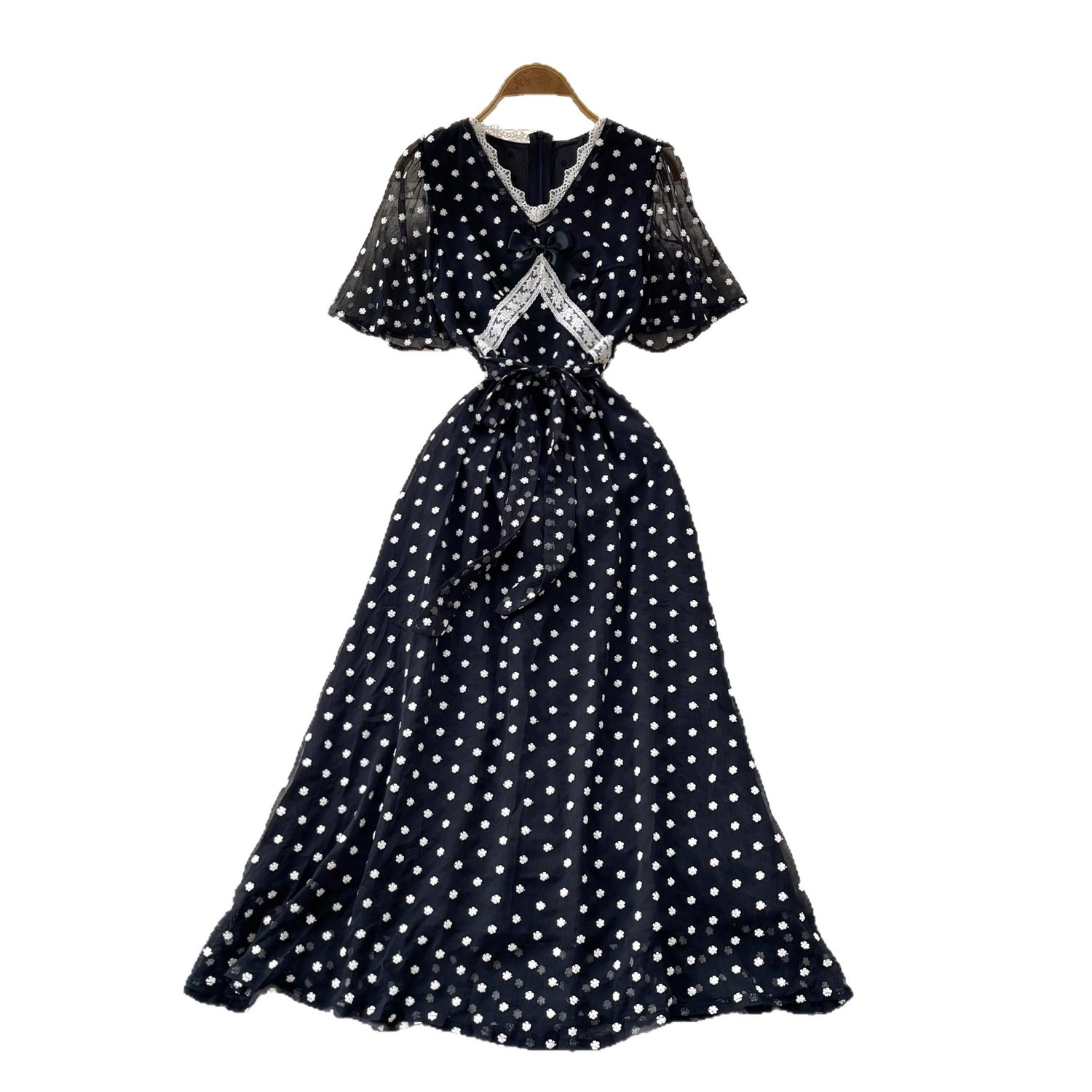 Black Polka Dot Mesh Dress For Women V Neck Short Sleeve High Waist Slimming A Line Long Skirt Ladylike Summer Style_ecoleips.com
