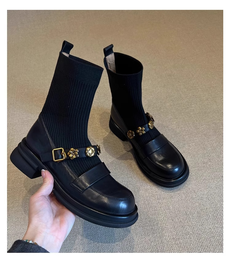 Stivaletti in maglia elasticizzata con tacco grosso – Stivaletti retrò da infilare con cinturino con fibbia e plateau spesso per donna_voghion.com