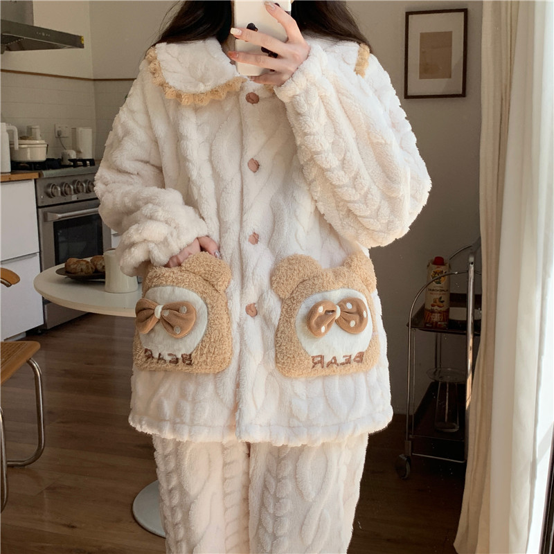 珊瑚绒睡衣女士春秋冬季加厚加绒2025新款开衫可爱卡通家居服套装|undefined