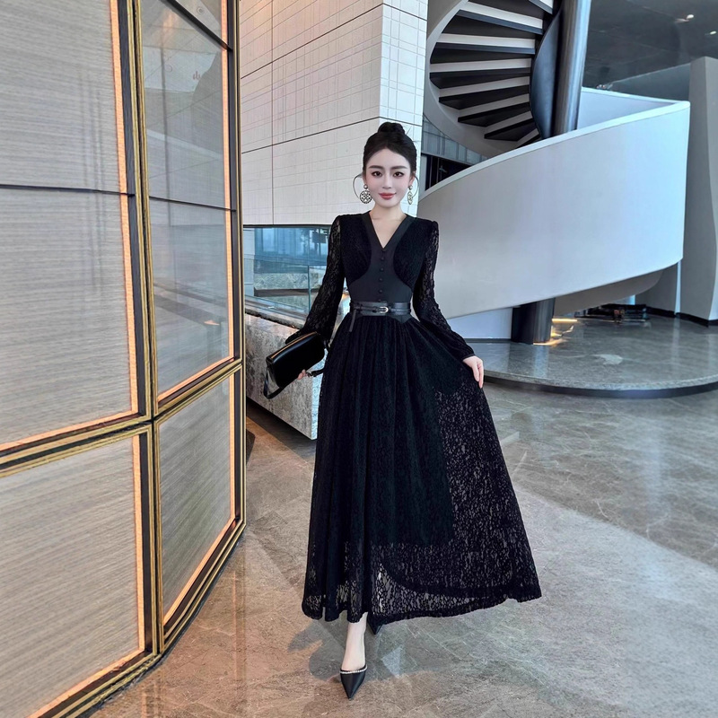 优雅贵气款欧美风女装2025年夏季V领长袖收腰显瘦气质蕾丝连衣裙|undefined