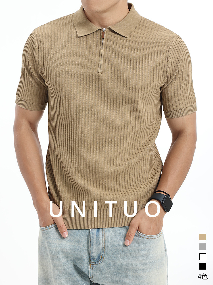 Verano nuevo hombre medio cremallera agujero de hielo tejedido polo camiseta de manga corta ligera de negocios de alto nivel hombre