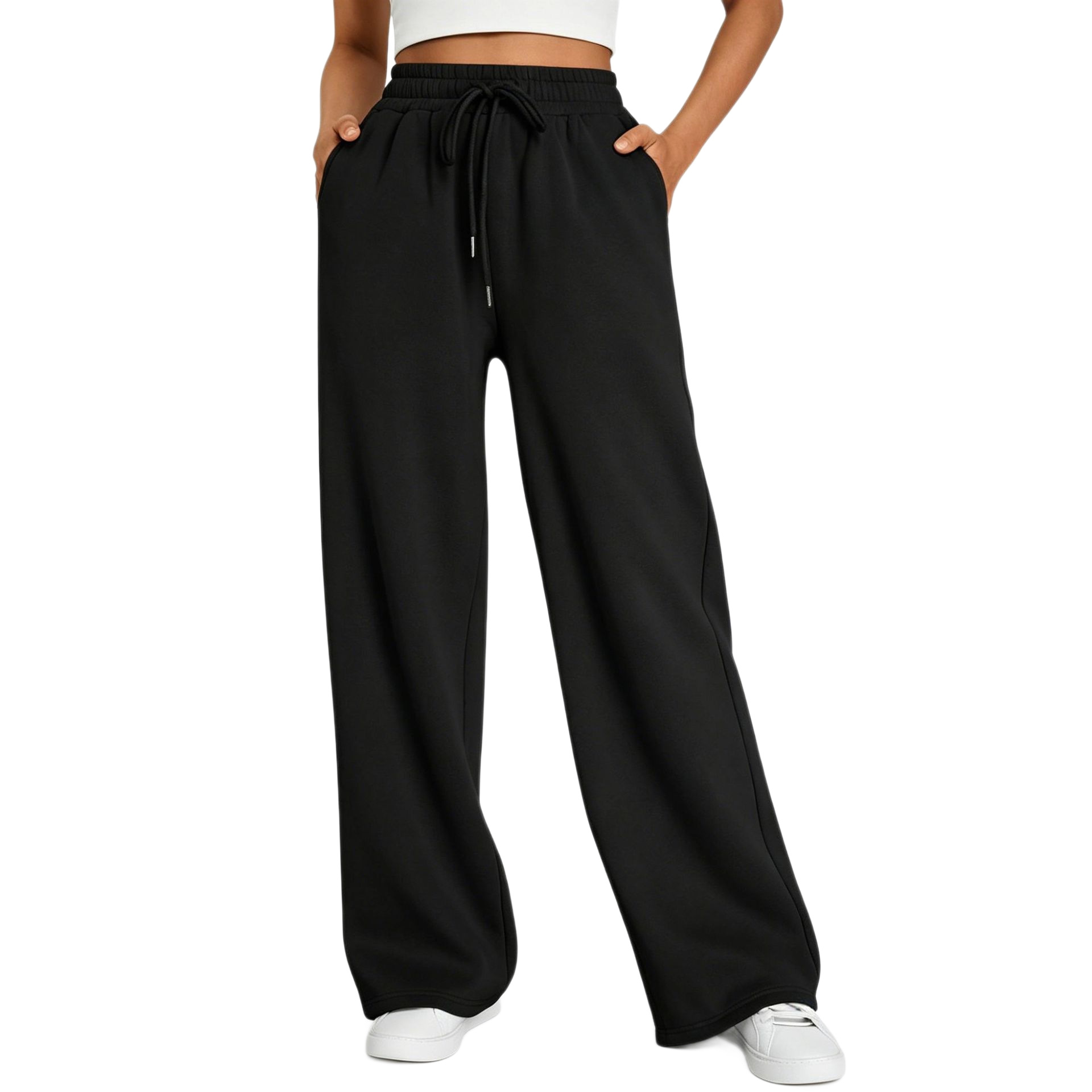 Cross-Border European and American Autumn and Winter Fleece-Lined Sweatpants for Women, Solid Color Loose Straight-Leg Pants, Elastic Waist Casual Pants, In-Stock Wholesale