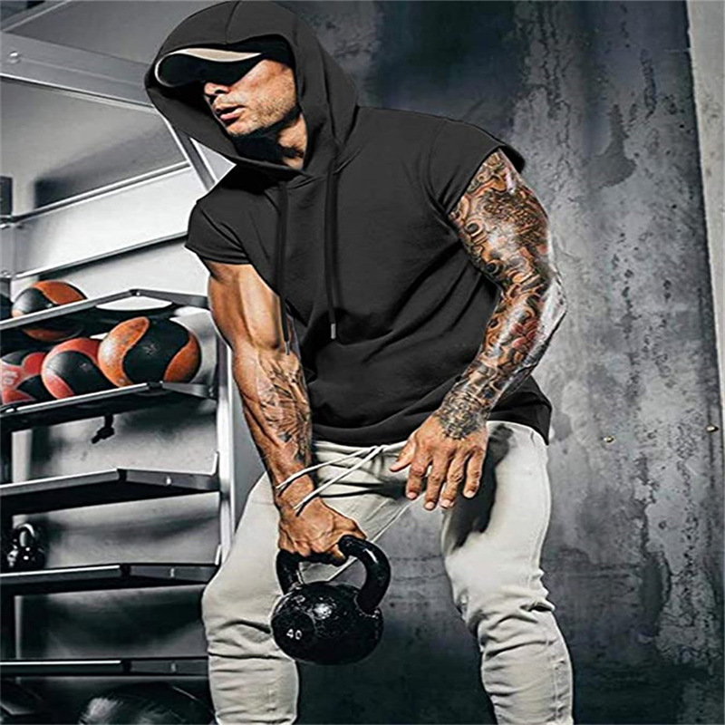 Men's Clothing outdoor sports men's hooded sleeveless fashion hip hop youth muscle fitness vest solid color jacket_voghion.com