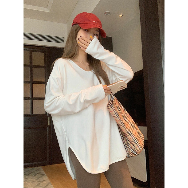 Velvet Warm White T-shirt Base Shirt Women's Spring Autumn and Winter Casual Simple Long Sleeve Inner Base Split Top