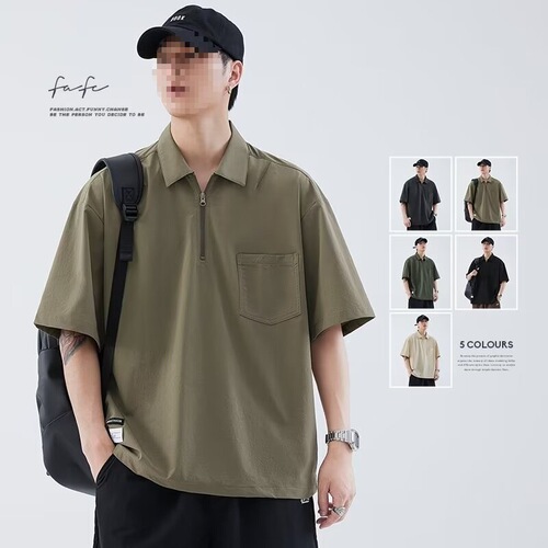 polo shirt, short-sleeved men's summer thin American retro loose casual quick-drying lapel half-zipper T-shirt top
