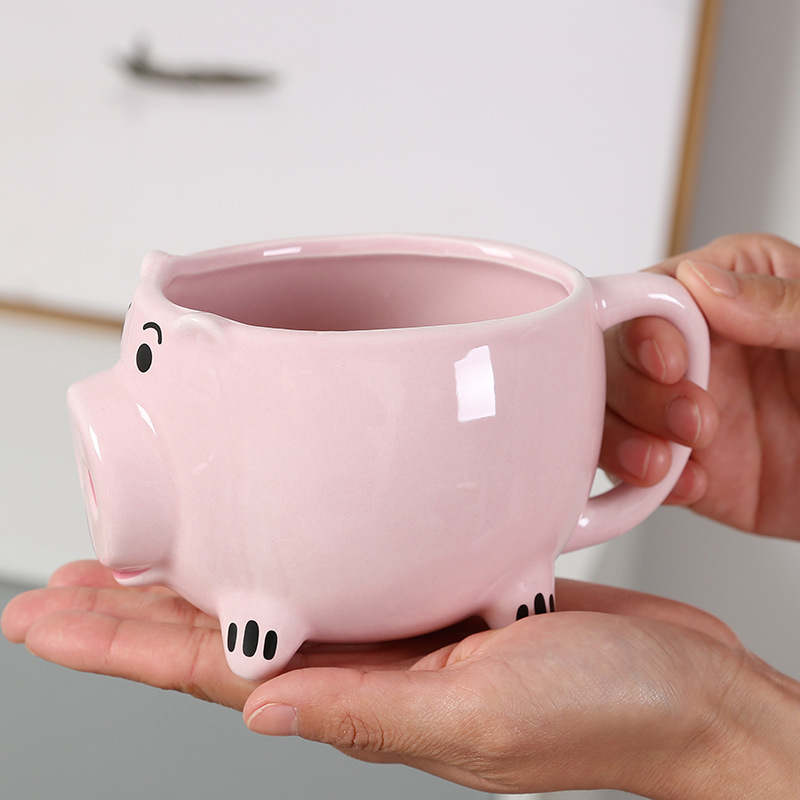 Taza de café de cerámica de porcelana blanca cuidadosamente seleccionada, taza de agua con relieve 3D de animales de dibujos animados, cerdito rosa