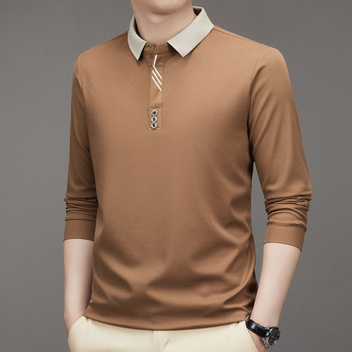 Men's Short Sleeve Autumn Long Sleeve Polo Shirt Business Shear Collar Fitted Solid Color Collar Base T-shirt Men