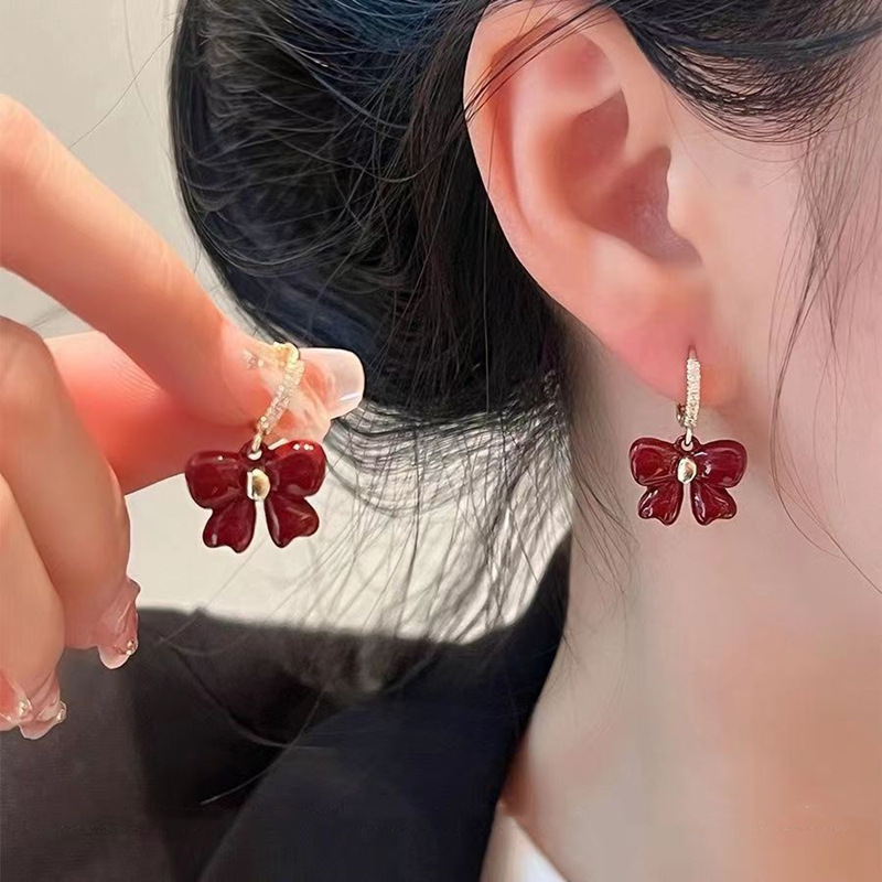 1 Paire Style Ig Sucré Noeud D'arc Placage Incruster Alliage Strass Boucles D'oreilles display picture 1