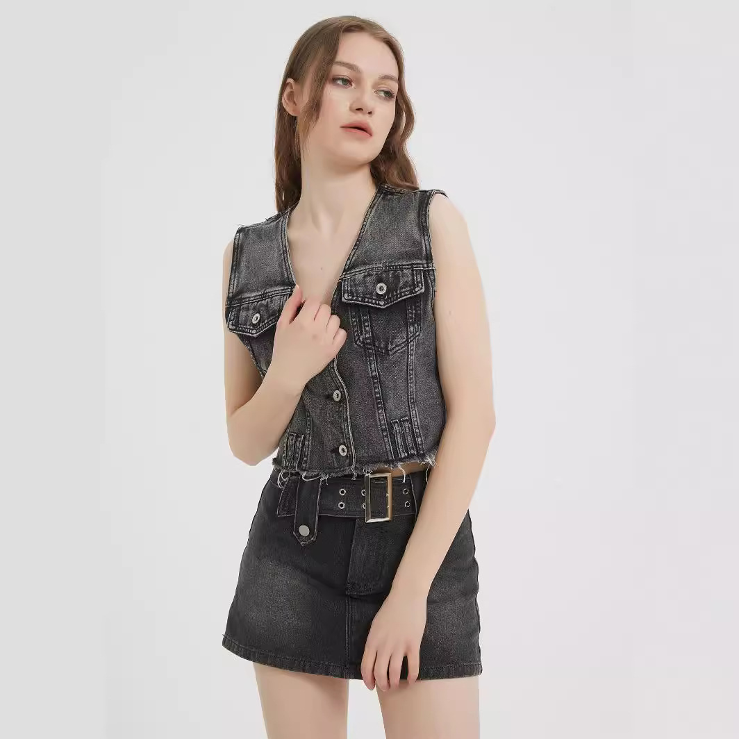Spring and Summer New Korean-style Grey Black Denim Vest Short Coat Women's Slim-fit Slimming Vest Waistcoat Top