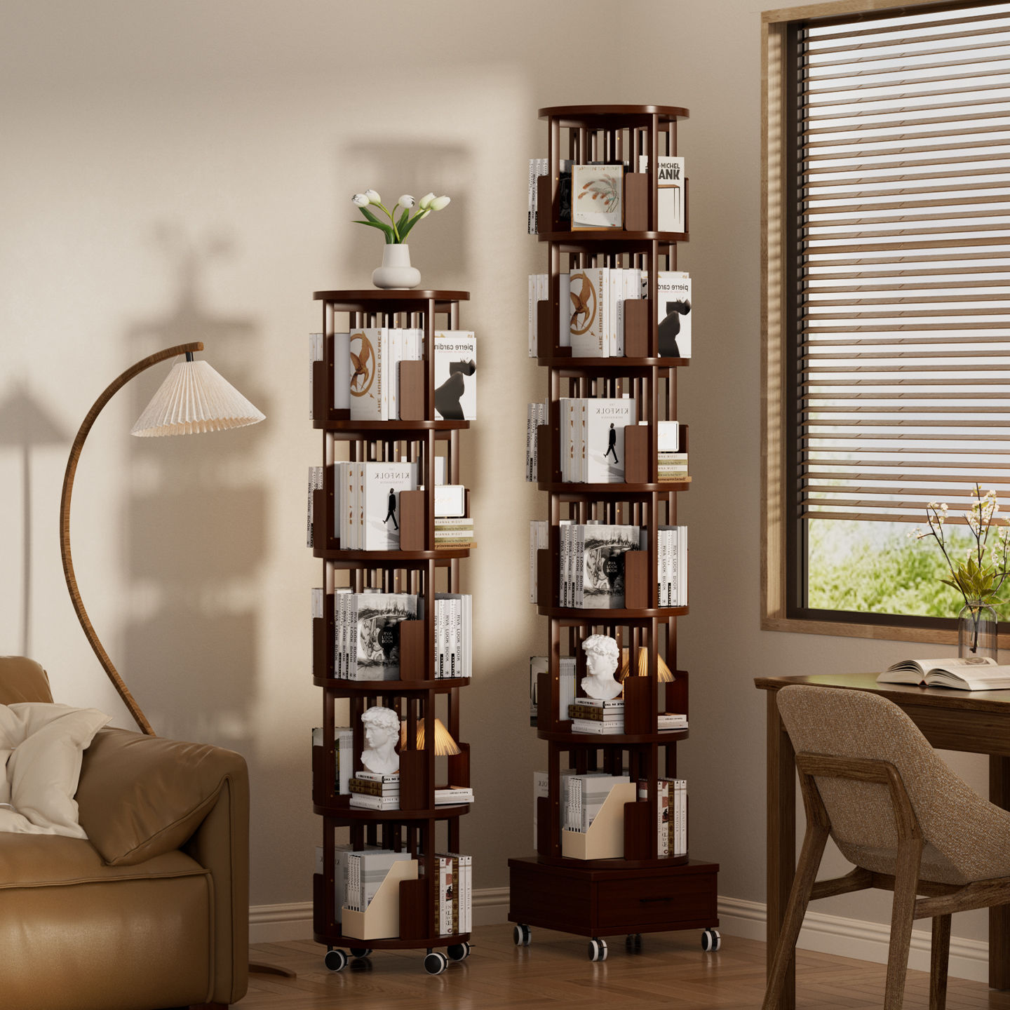 Rotating Bookshelf Storage Rack Floor-Standing Trapezoidal Household Small Solid Wood Living Room Wall-Mounted Multi-Layer Storage Bookcase