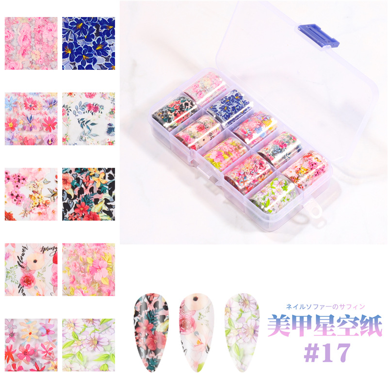 Transfronterizo nuevo arte de uñas transferencia cielo estrellado papel Plaid flor Patrón de cielo estrellado DIY colorido Aurora arte de uñas cielo estrellado papel