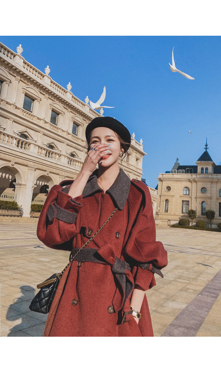 Women's Long Woolen Coat Brick Red Hepburn Style Winter Overcoat_voghion.com