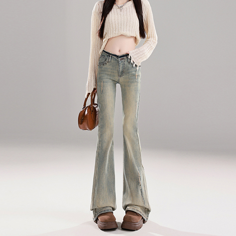 2024 new vintage distressed hot girl American low waist jeans women's slim slim stretch ripped micro pants 2024 new vintage distressed hot girl American low waist jeans women's slim slim stretch ripped micro pants