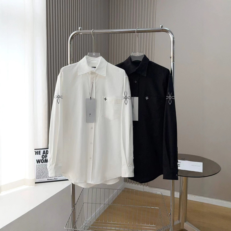 Korean-style retro SMFK cross classic shirt, same style as Yu Wenwen's, versatile embroidered loose-fitting minimalist top for couples