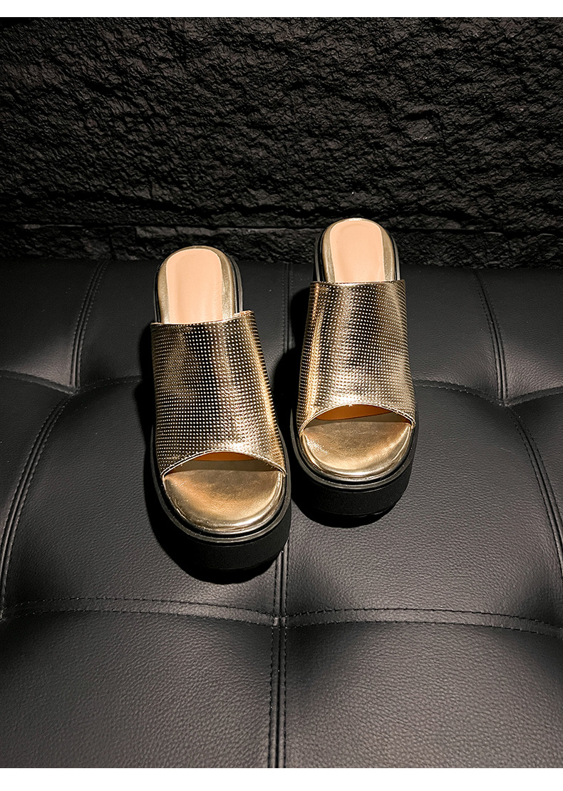 Sandal cao gót nữ hở mũi quai ngang đế xuồng gót vuông 9 cm — màu đen, màu vàng, bạc chi tiết 20