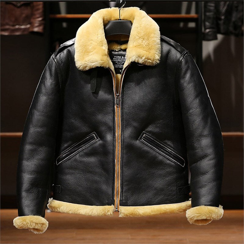AVFLY Sheepskin B6 Fur One-piece Bomber Jacket for Men and Women Couples Horsehide Stitching Genuine Leather Jacket