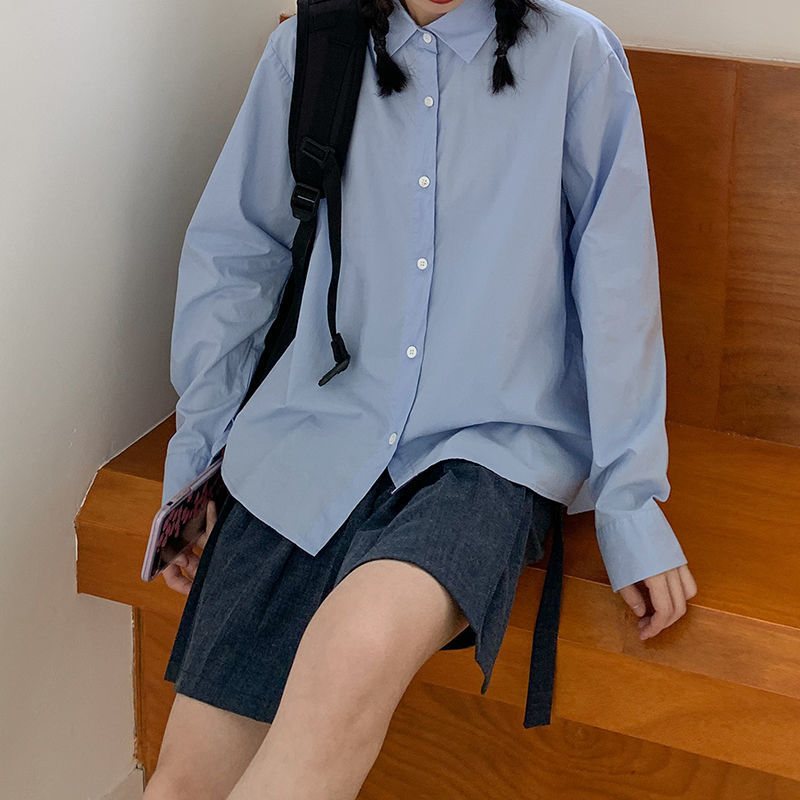 가을 푸른 셔츠 대학 스타일 여성용 긴팔 틈새 중간 길이 느슨한 한국 스타일 셔츠 쌓아있는베이스 셔츠