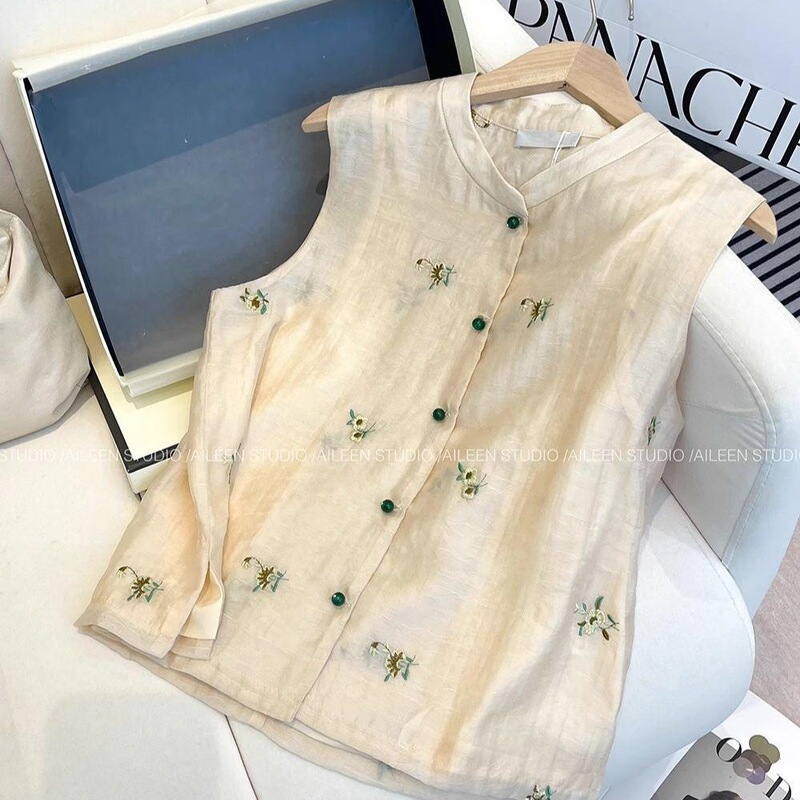 2025 Chinese Style National Style Vest Summer Embroidery New Style Vertical Collar Vest Retro Top Vest High-end Vest