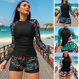 跨境欧美外贸泳装竞速潜水服长袖印花双层裤头女分体坦基尼泳衣女