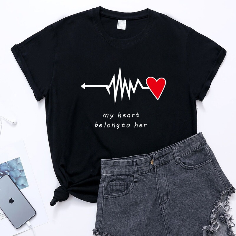 Foreign Trade European Size My Heart Belongs to Him His Ecg Heartbeat Couple Short-Sleeve King and Queen T-Shirt Foreign Trade European Size My Heart Belongs to Him His Ecg Heartbeat Couple Short-Sleeve King and Queen T-Shirt