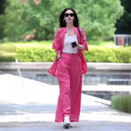 粉色衬衫chic韩风套装显瘦感减龄甜美阔腿裤夏装时尚两件套女
