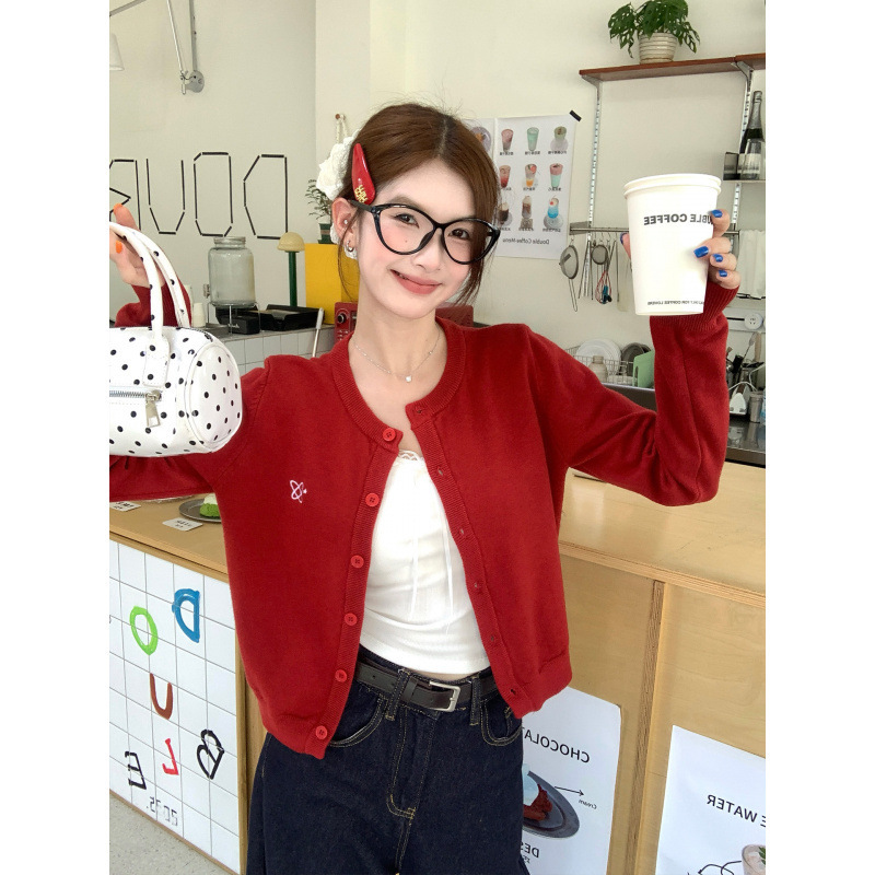 红色开衫女针织外套秋冬新款刺绣短款修身薄款春秋上衣|undefined
