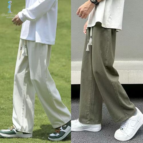 Japanese-style versatile cotton casual pants for men, summer thin men's trousers—trendy, streetwear-inspired, loose-fitting, wide-leg, and straight-cut.