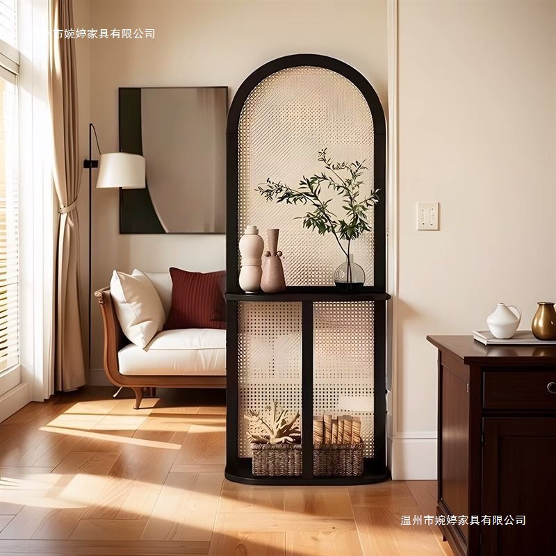 Retro Rattan Screen Partition Living Room Entrance Entrance Blocking Removable Solid Wood Screen Wabi-Sabi Style Storage Rack