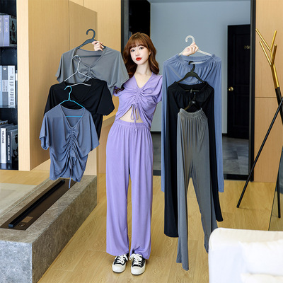 Women's wear Borneol Drawstring Wide leg pants jacket Easy Set 2 Set of parts 2021 summer Pyjamas Lazy man leisure time