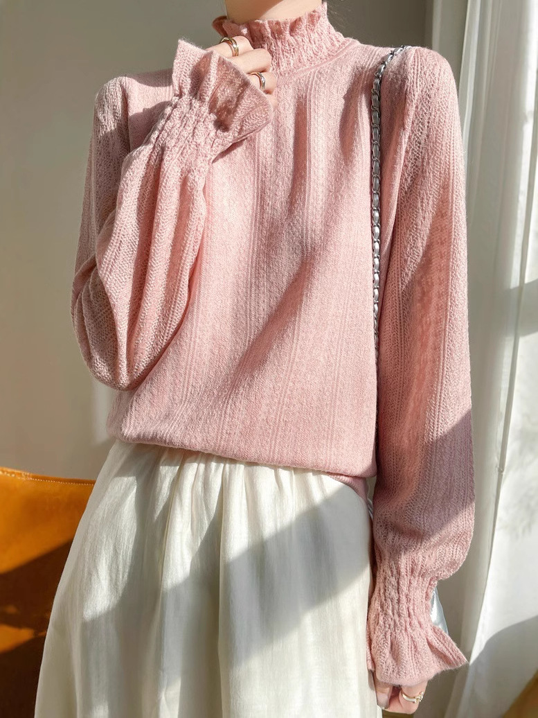 Hormigón de encaje de cuello medio alto jersey de punto para mujeres 2024 otoño y invierno nuevo suelto delgado envejecimiento camisa de manga larga