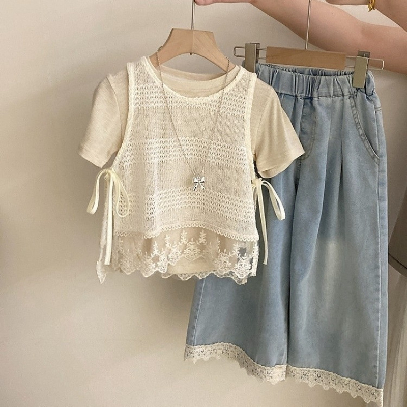 Girls Korean Style Summer New Style Hollow Lace Vest Solid Color Short Sleeves 2025 Lace Rest