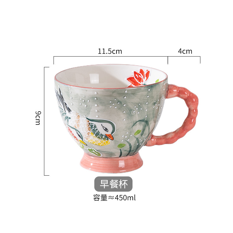 手绘浮雕陶瓷高颜值马克杯可爱家用大容量水杯燕麦杯牛奶早餐杯子|undefined