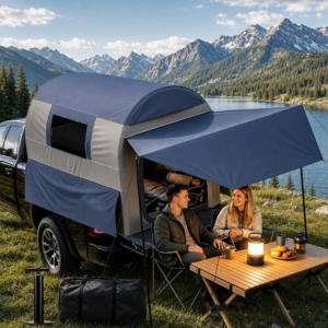 New inflatable pickup truck bed tent with detachable sunshade for outdoor camping, 5-person vehicle rear tent