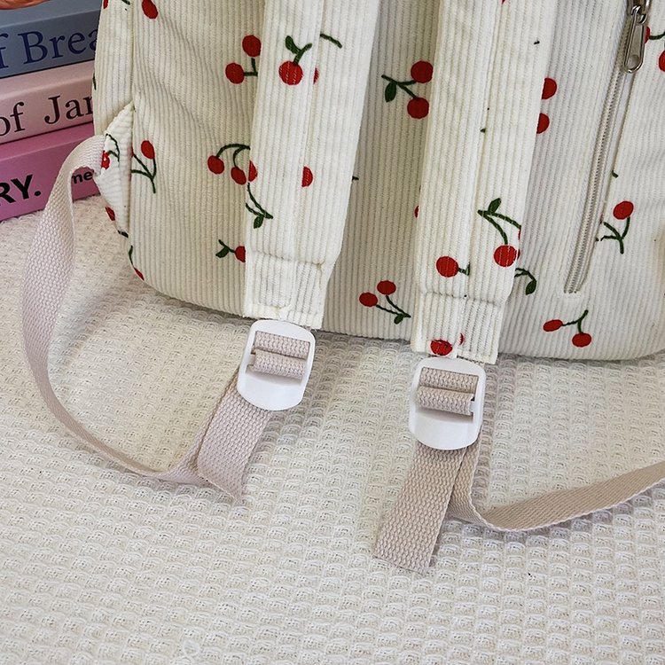 1197g Weight Polyester Lining Material Zipper Closure Type Double Shoulder Straps Strap Type Casual, School, Daily Occasion Corduroy Material Back To School Festival School Backpack Backpack Cherry Pattern All Seasons Season Women's Gender Cute Style Shell Shape Cherry Casual School Daily School Backpack 46