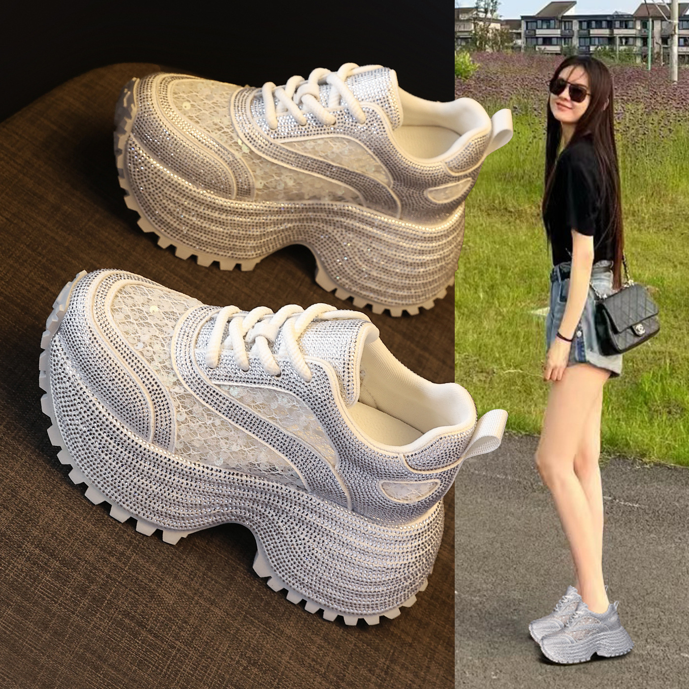 Giày sneaker nữ chunky đế dày lưới phối đá rhinestone — màu trắng