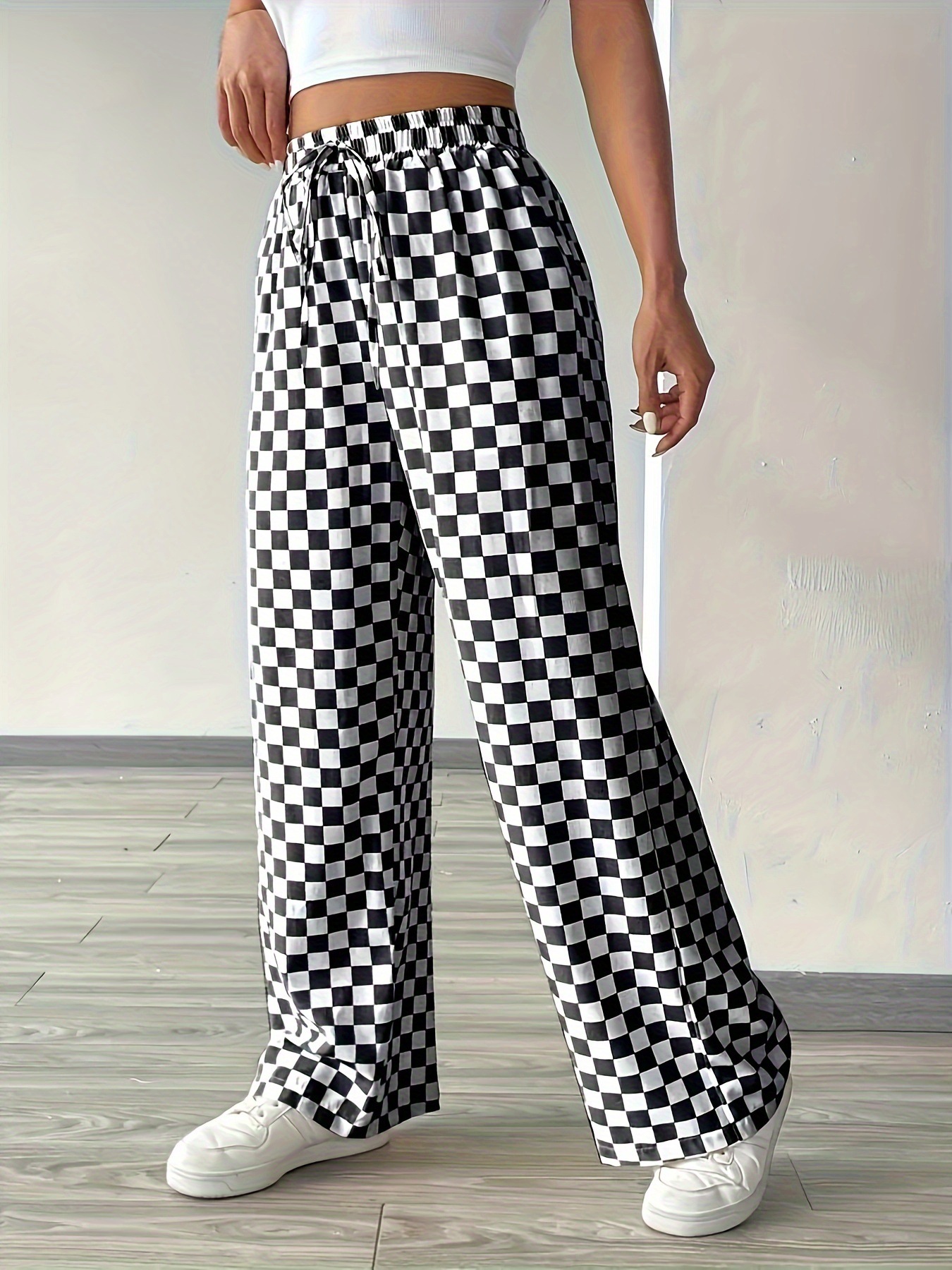 W 87023 Checkered Stripe Wide-Leg Pants 棋盘格阔腿裤 跨境代