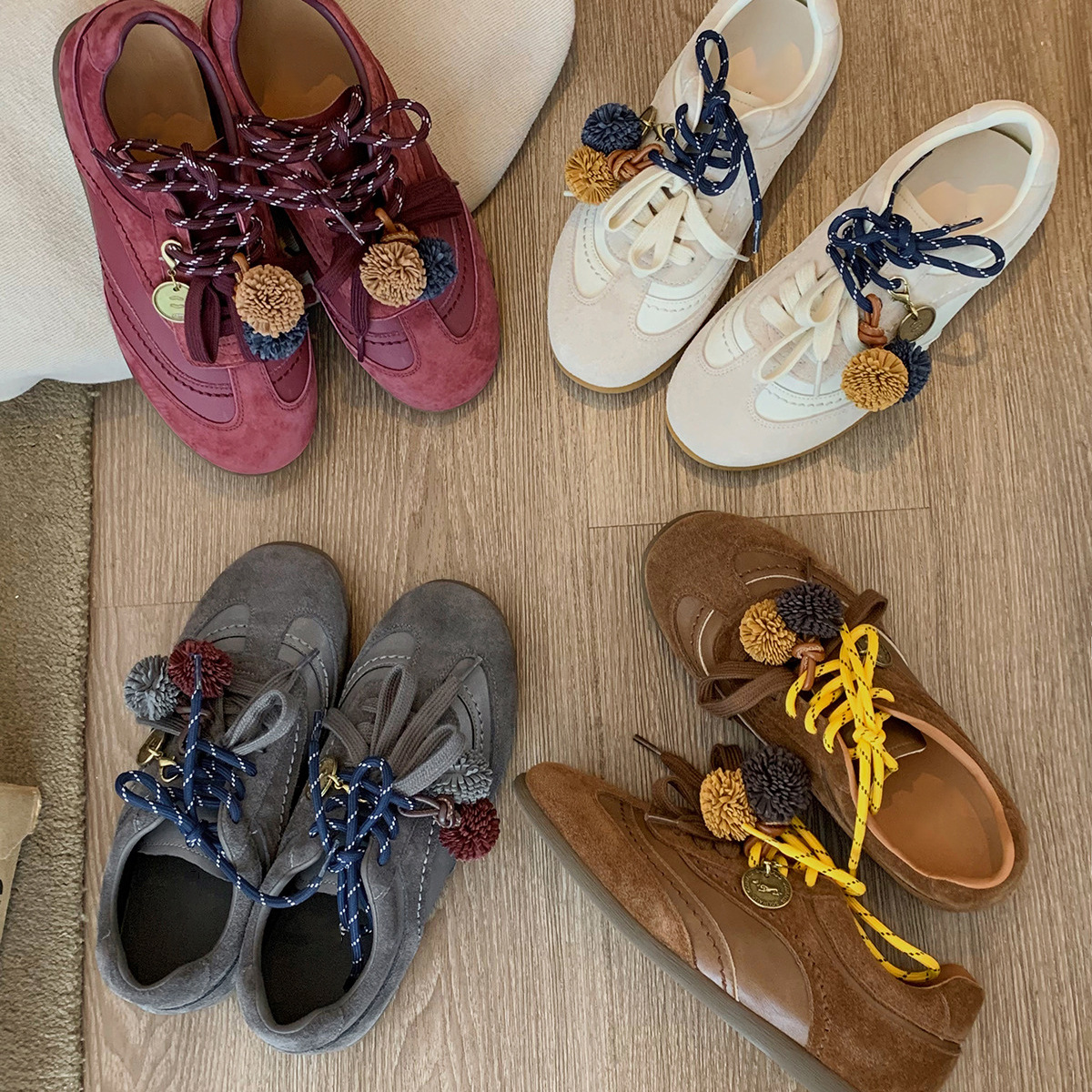 In-Stock Cowhide Version ~ Height-Increasing Genuine Leather Fashionable Color-Blocked Double Shoelaces Pinecone Casual Sports German Training Shoes for Women