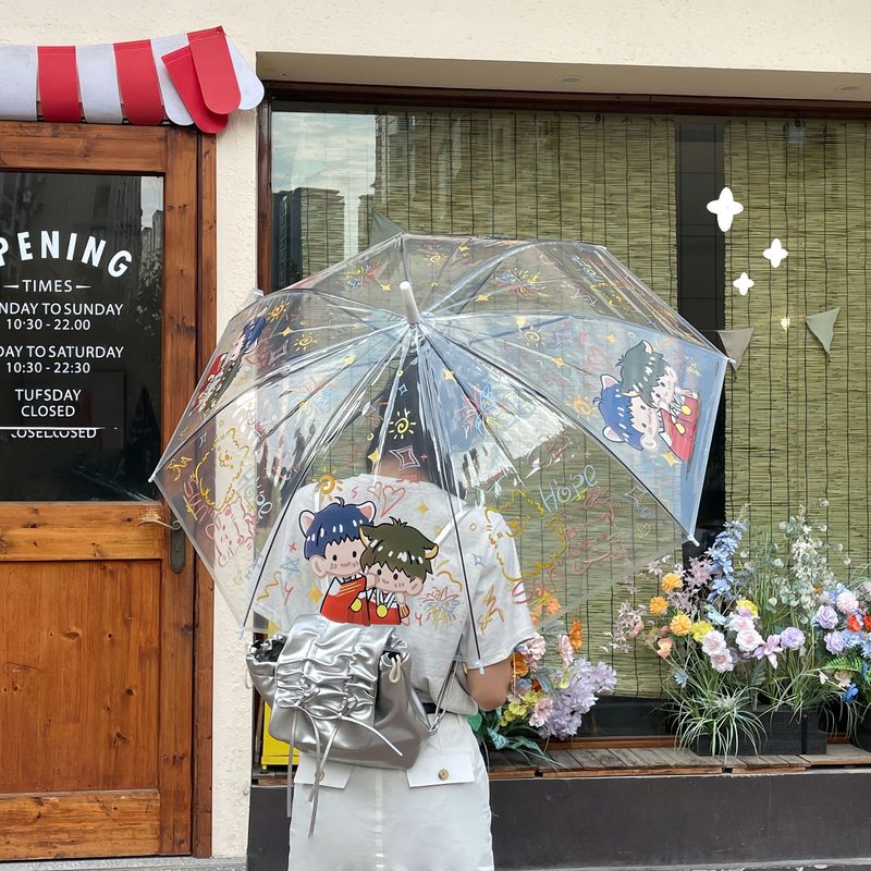 莎の頭の組み合わせの折り畳みの傘の卓球の学生の児童の全自動の長い柄のかわいい漫画の厚い透明なネットの赤い傘|undefined