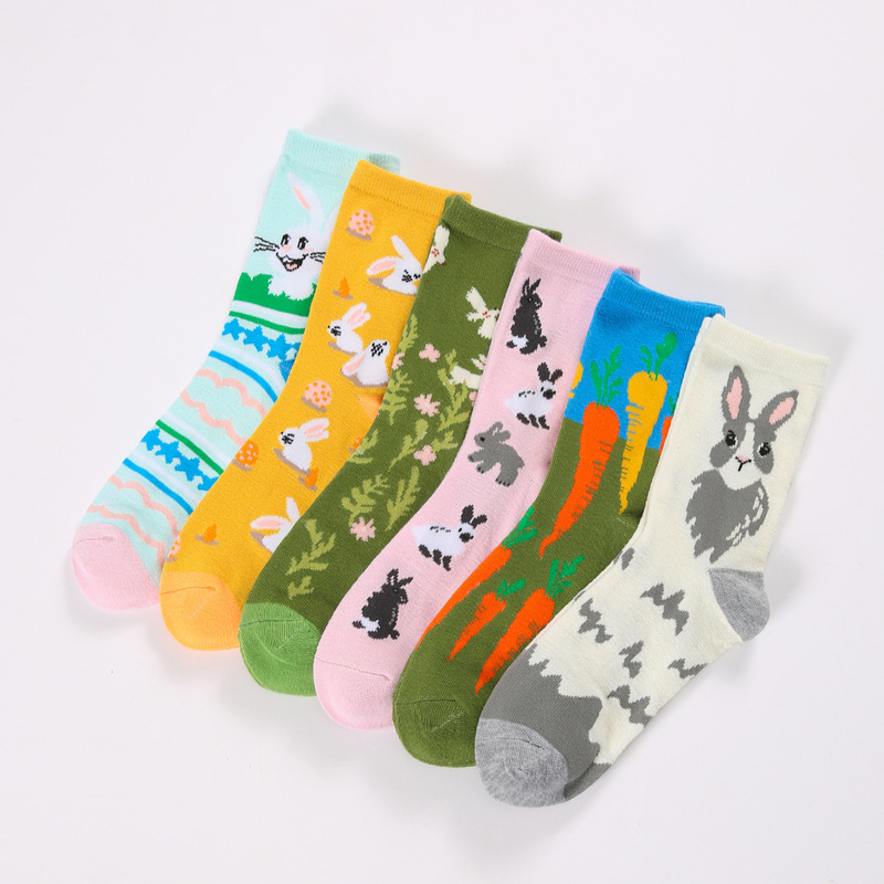 Cross-Border Socks Amazon Socks Easter Mid-Calf Socks for Women with Rabbit and Carrot Funny and Interesting Patterns for Women